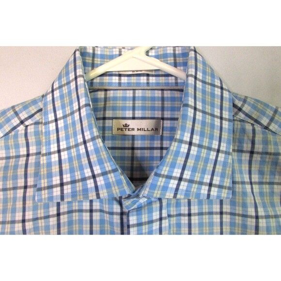Peter Millar Men's Button Down Long Sleeve Blue Plaid Cotton Large Dress Shirt - Picture 3 of 14